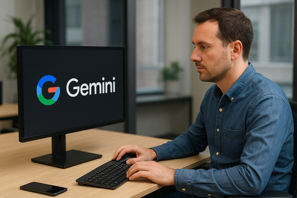 En man sitter vid ett skrivbord i ett modernt kontor och arbetar på en dator med Google Gemini-logotypen synlig på skärmen