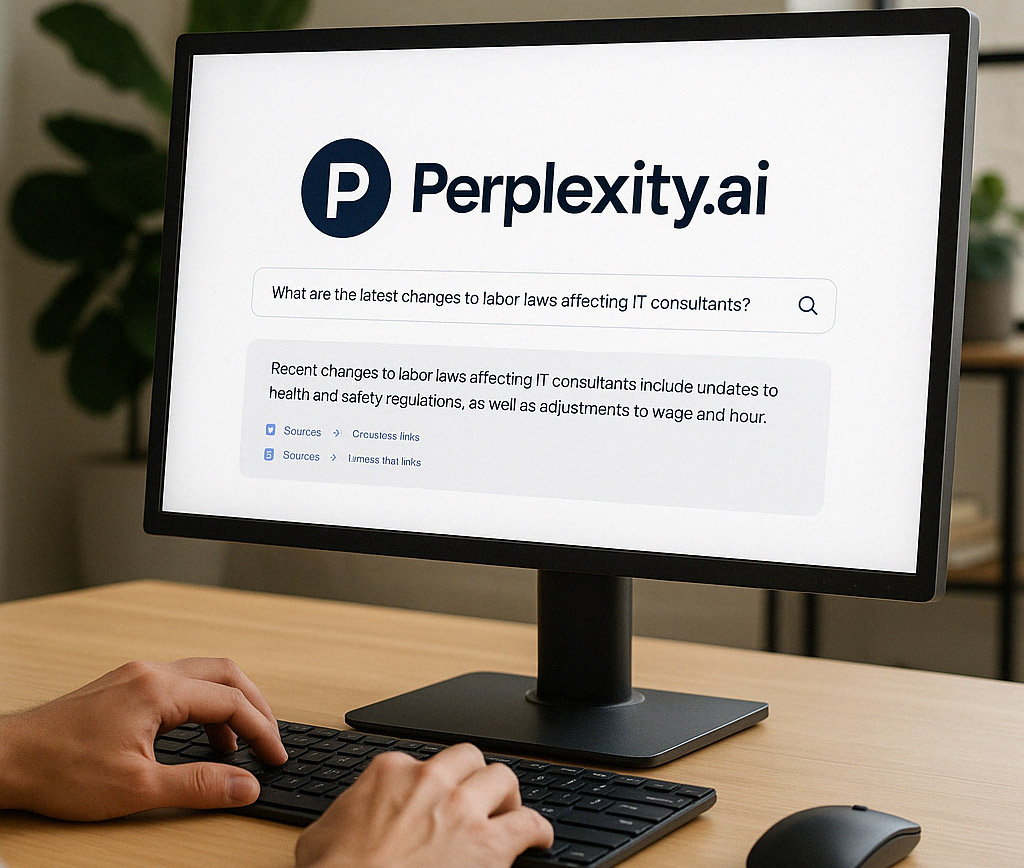 En person använder Perplexity.ai på en datorskärm i ett modernt kontor. Skärmen visar en fråga om arbetslagstiftning och ett AI-genererat svar med källhänvisningar.