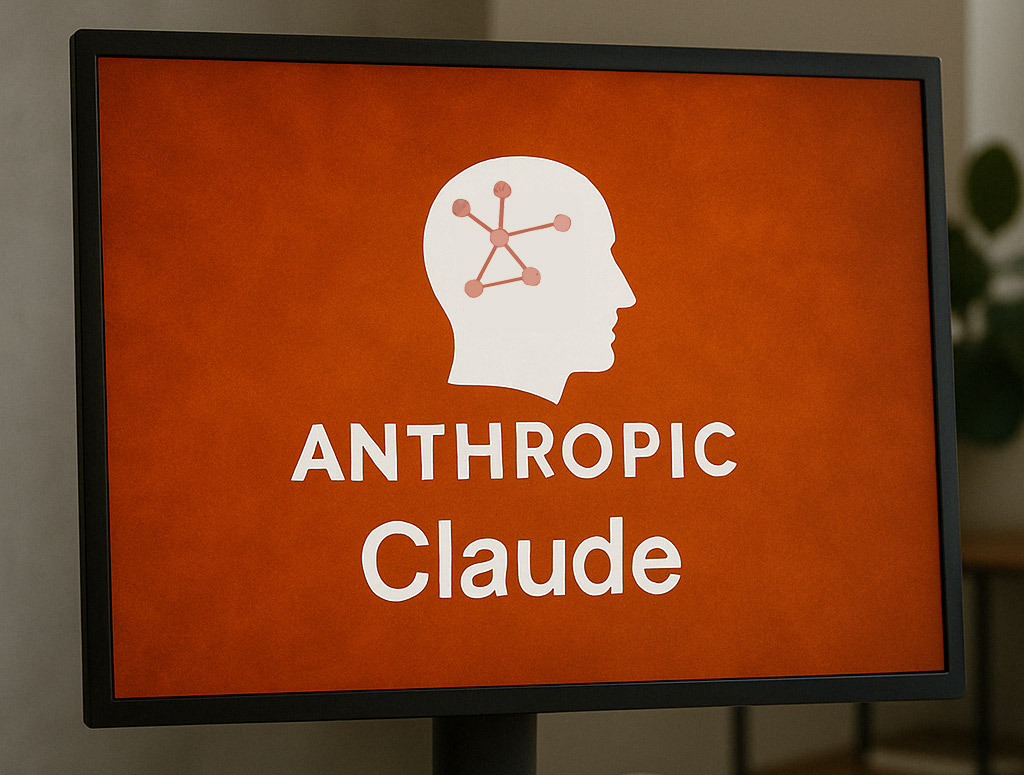 En datorskärm visar logotypen för Anthropic Claude mot en mörkorange bakgrund. Inuti en vit siluett av ett huvud syns Claudes appsymbol – en stiliserad robot i en kvadrat.