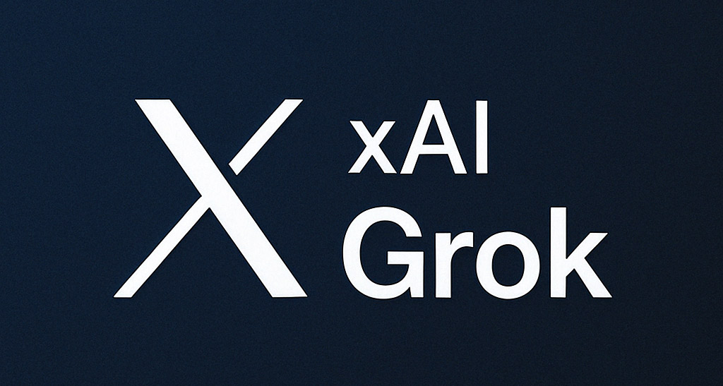 En grafisk illustration med mörkblå bakgrund visar logotypen för xAI Grok, med ett stort vitt X och texten 'xAI Grok' i modern sans-serif-stil