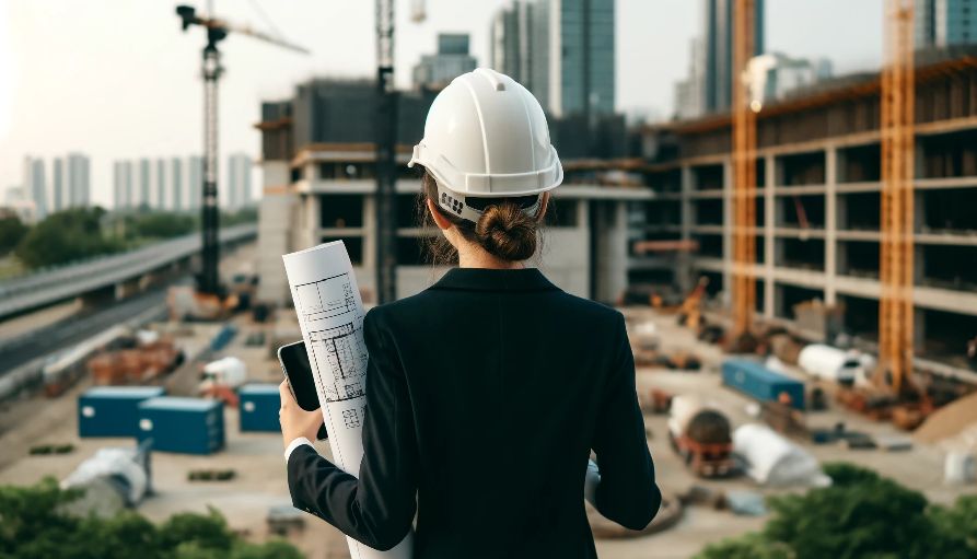 Kvinna med vit hjälm och ritningar övervakar byggprojekt som egen projektledare och entreprenör