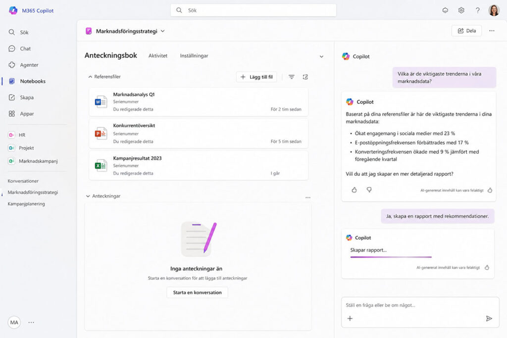 Skärmbild av Researcher-agenten i Microsoft 365 Copilot som genererar en forskningsrapport med källhänvisningar